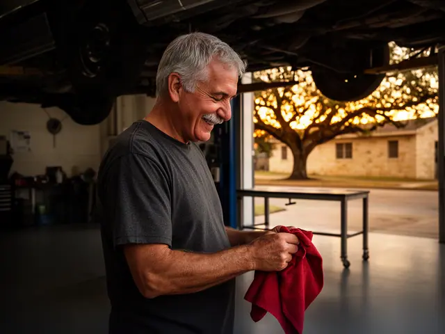 An auto-repair shop owner in a service bay under a lifted car.