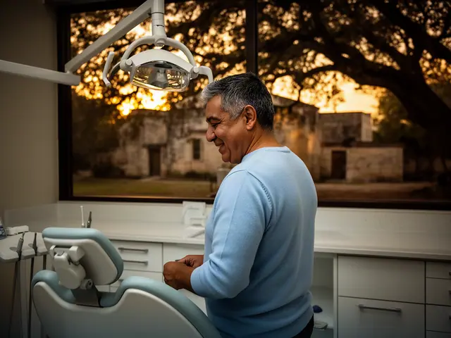 A dentist standing beside a dental chair.